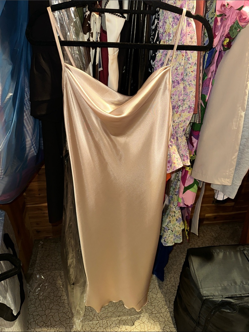 bebe Satin Cowl Neck Midi Slip Dress in Blush